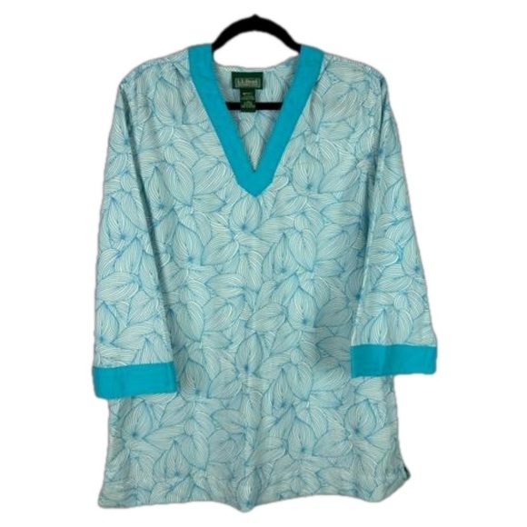 L.L. Bean Tropical Beach Nylon Blend Tunic Hooded Top Large Blue - Picture 1 of 13